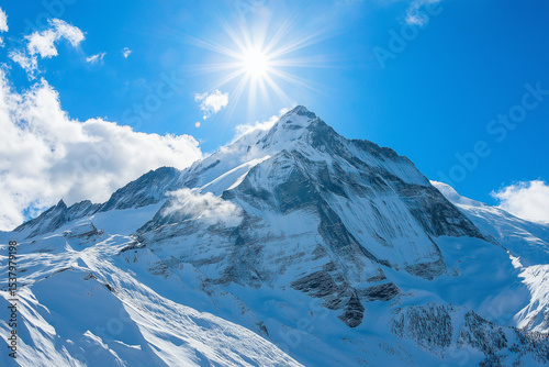 Snow Covered Mountain Peak Panoramic View Under Bright Sunny Sky