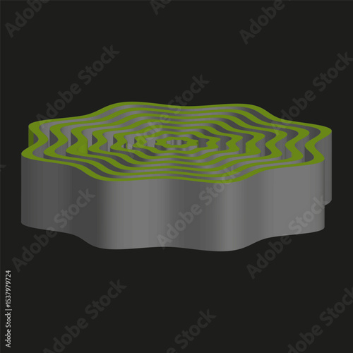 Platform shape vector. Wavy top surface. Isometric abstract base. Black background object.