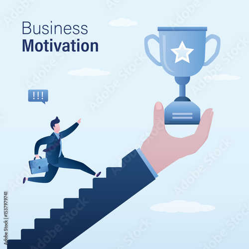 Ambitious businessman running on stairs to reach trophy cup in giant hand. Business motivation to achieve goal, win to motivate employee to succeed in work,
