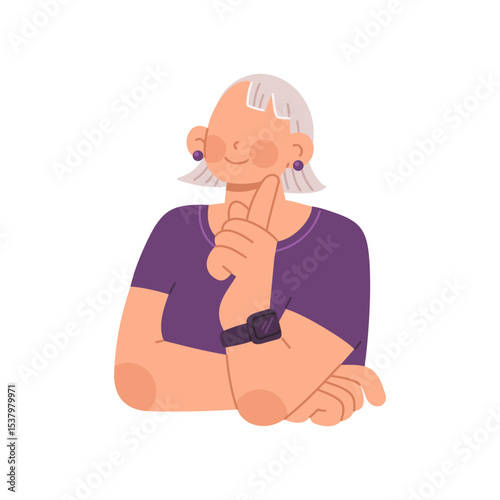 A short haired female office worker is looking for ideas and inspiration with hand on chin. Business flat vector character illustration isolated on white background