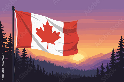 Canadian Flag at Sunrise Majestic Mountains and Forests
