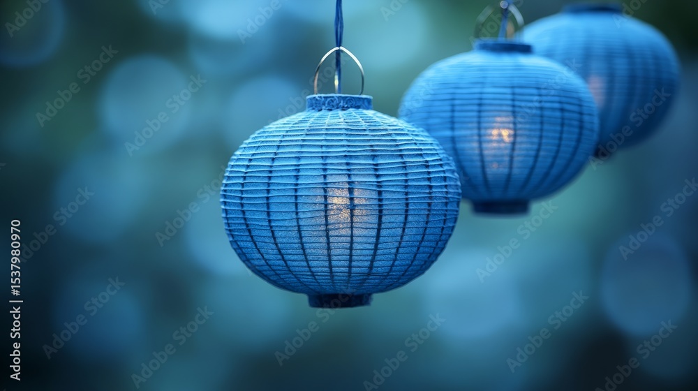 Obraz premium Delicate blue lanterns softly glow, casting serene light in a peaceful garden during twilight