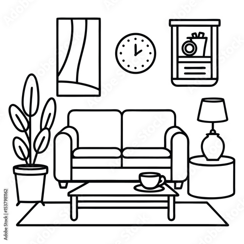 Minimalist Black-and-White Line art of a Comfortable Indoor Space