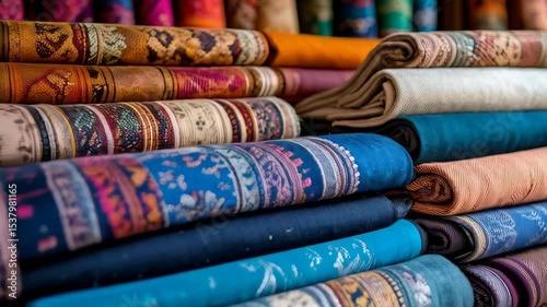 Colorful patterned textiles folded and stacked for sale or display in a store or market featuring various colors and intricate designs