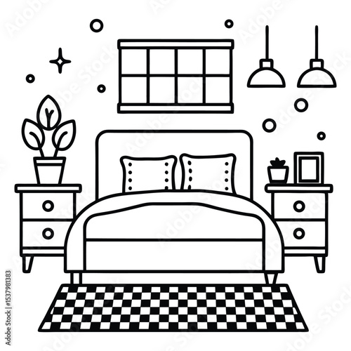 Peaceful Bedroom Design Minimalist Line Art of a Cozy Bedroom Setting.