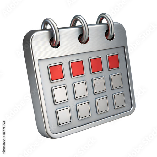 3D Calendar Icon in Metallic Material Style on White Background