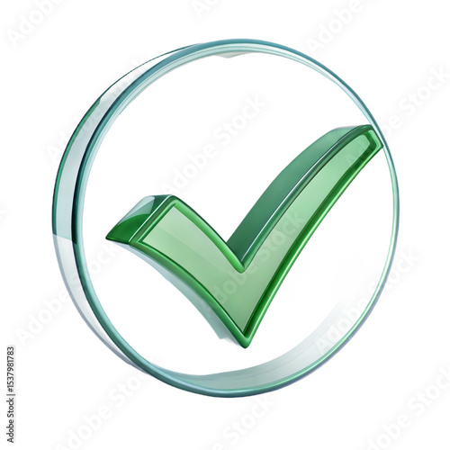 3D Checkmark Icon in Glass Material Style on White Background