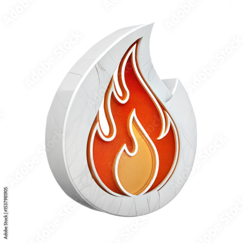 3D Fire Icon in Marble Material Style on White Background
