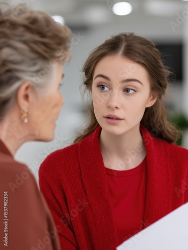 An attentive young woman attentively listens to a senior woman in a well-lit professional office environment, with a hint of anticipation and focused attention.