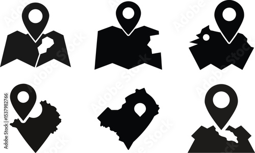 A set of Map and Location black silhouette vector icons illustrating diverse business people and human profiles