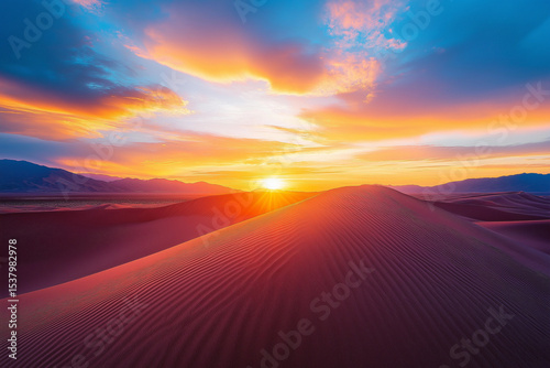 Vibrant Desert Sunset with Intersecting Sand Dunes