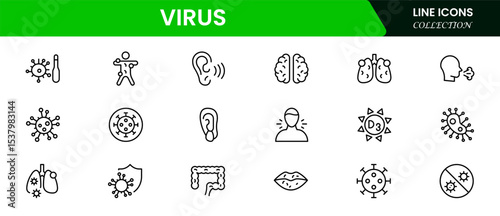 Clean vector web line icons depicting flu, viruses, medical protection, vaccines, and health precautions for disease prevention and awareness.