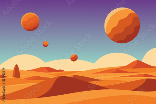 Hot air balloons at sunset over a desert landscape with mountains and an orange skyHot air balloons at sunset over a desert landscape with mountains and an orange sky