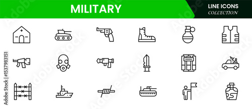 Striking vector web line icons depicting military, war, defense, strategy, weapons, and tactical operations for security and conflict scenarios.