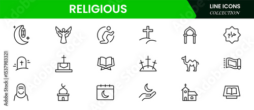 Sacred vector web line icons depicting religious symbols, faith, worship, spirituality, and diverse cultural beliefs with reverence and unity.
