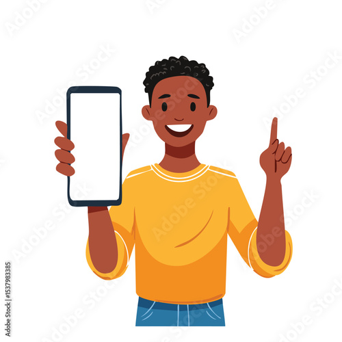 Excited Black Man Holding Large Smartphone with Blank White Screen Close to Camera – Mockup Display for App or Website Presentation

