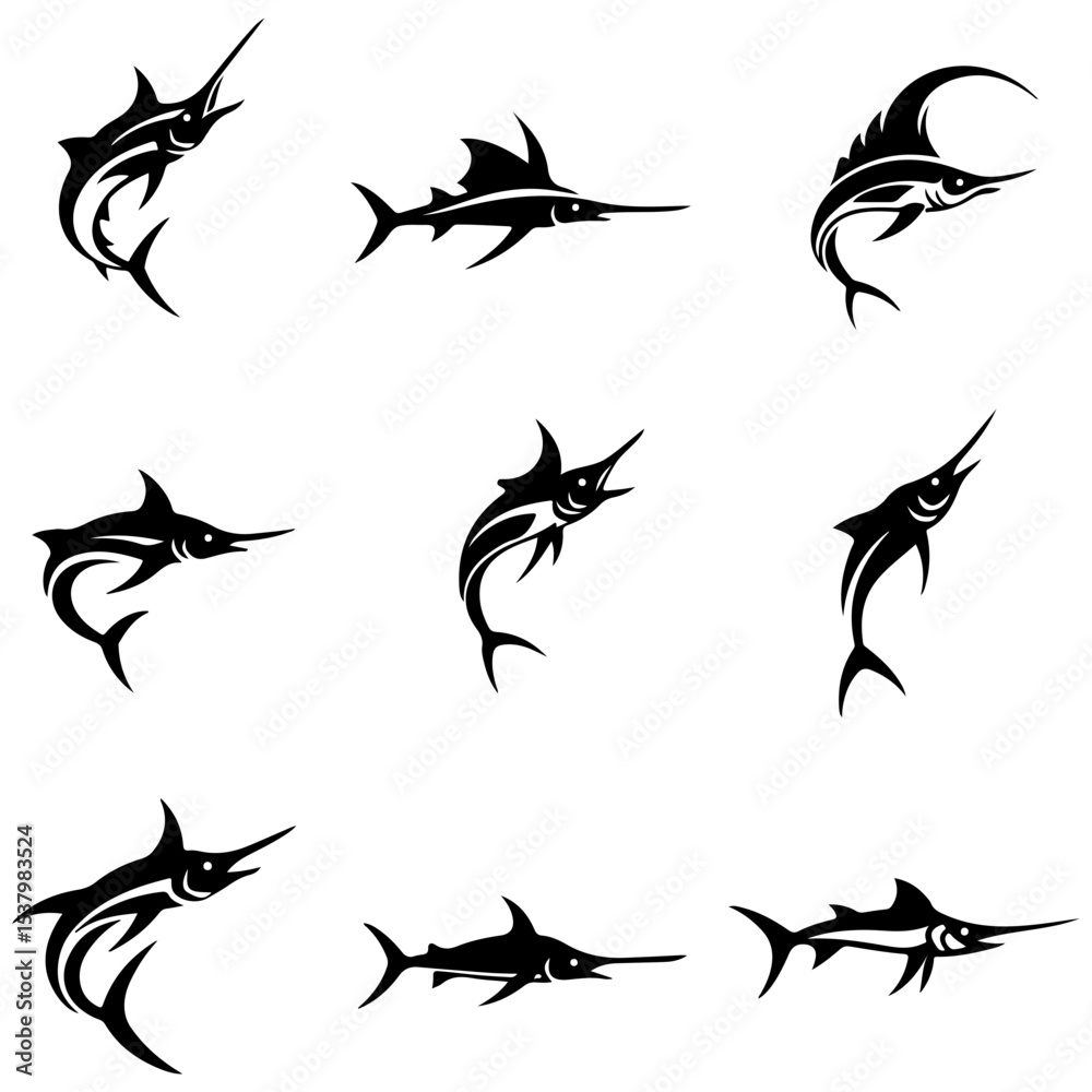 Fototapeta premium A simple set of swordfish side profile silhouettes for clean design