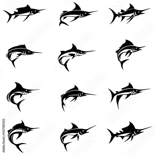 The complete pack of black and white swordfish vector icons