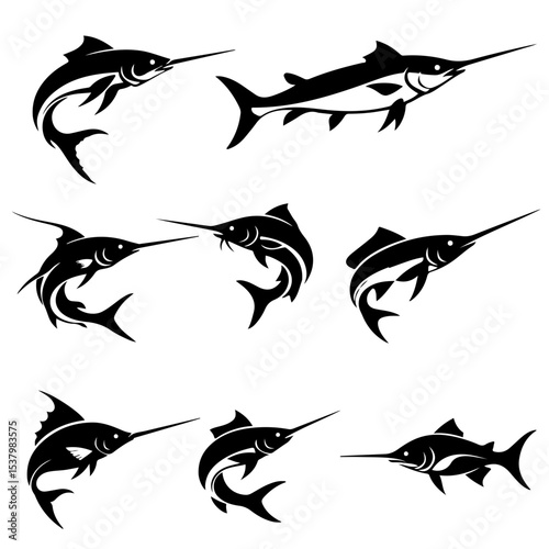 A collection of sport fishing swordfish silhouettes in action poses
