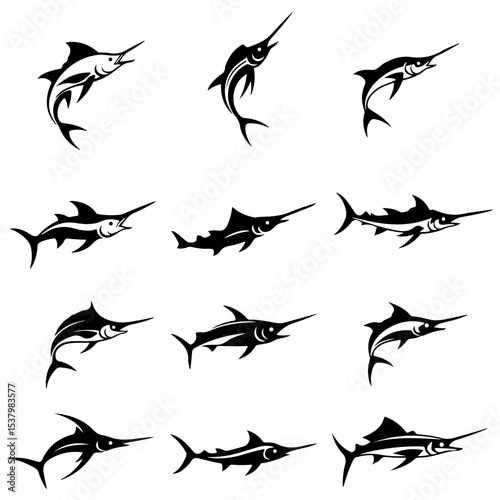 A minimalist set of swordfish silhouettes for modern branding