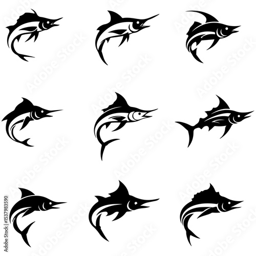 A collection of swordfish silhouettes for sports team mascot logos