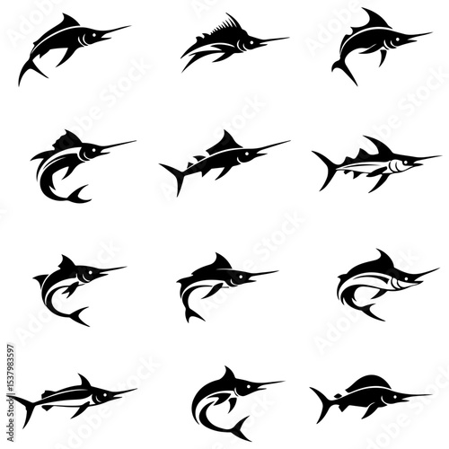 An assortment of stylized swordfish silhouettes for t-shirt design