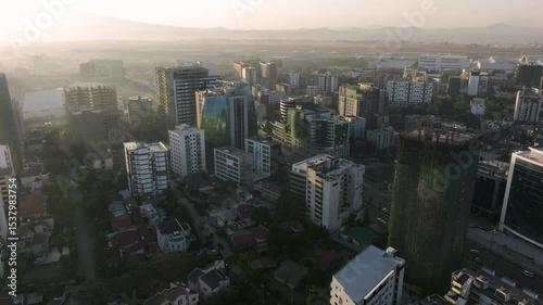 Misty City Of Addis Ababa At Sunrise In Ethiopia. - aerial shot