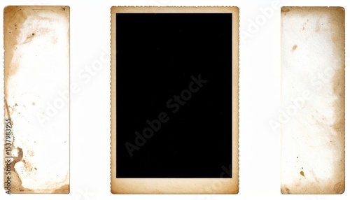 Three aged photo frames with textured edges and stains isolated on white