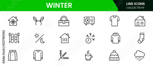 Chilly vector web line icons depicting winter, snowflakes, ice, scarves, and cozy seasonal elements for frosty adventures and warmth.