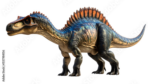 Spinosaurus digital art: A majestic Spinosaurus, a large theropod dinosaur, with its characteristic sail and long snout, is depicted in a striking digital artwork.