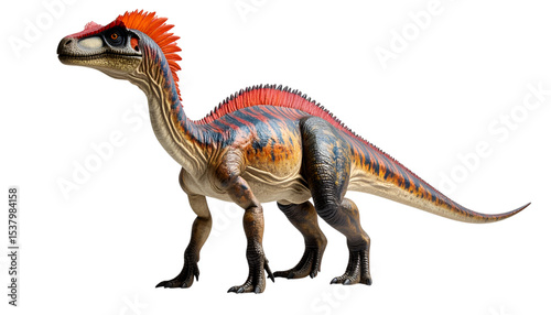 Cryolophosaurus: A colorful Cryolophosaurus toy on stands tall against a backdrop, highlighting its distinctive crest and reptilian features with vibrant color.