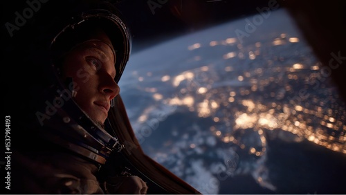 Astronaut looks out window at Earth from space during nighttime flight