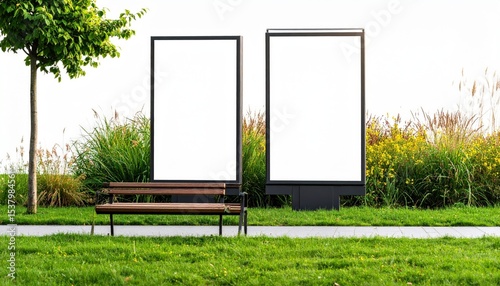 Two blank billboards stand near a park bench surrounded by lush greenery