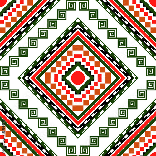 Vibrant Geometric Ethnic Pattern with Rhombus and Square Motifs