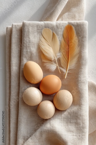 Natural tones: wooden spheres with eggs and feathers on beige fabric