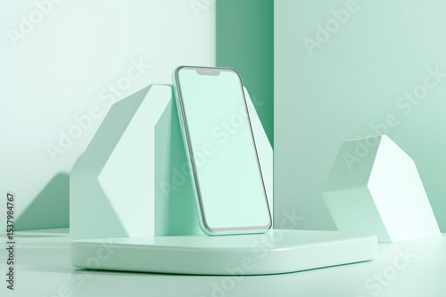 Floating Mint Green Smartphone Mockup in 3D Hexagonal Frame