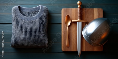 Medieval armor: chainmail, sword, helmet, spoon on wooden surface