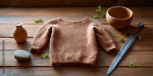 Rustic woolen sweater with medieval sword and wooden accessories on wooden surface