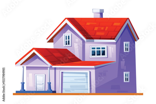 Two story family house with a red roof and a garage. Vector cartoon illustration