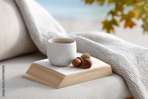 Cozy autumn scene with coffee cup on book and acorns by the beach