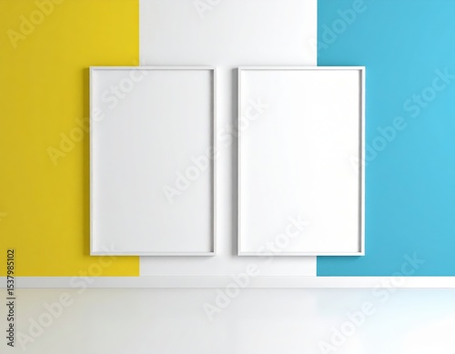 Two White Frames on a Wall with Yellow and Blue Accents Minimalist Design