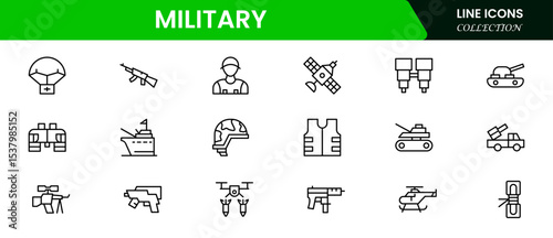 Striking vector web line icons depicting military, war, defense, strategy, weapons, and tactical operations for security and conflict scenarios.