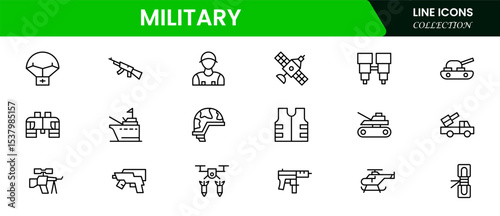 Striking vector web line icons depicting military, war, defense, strategy, weapons, and tactical operations for security and conflict scenarios.