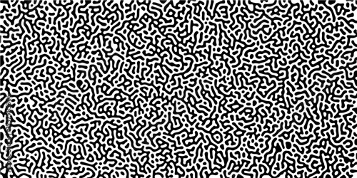 Abstract Turing organic wallpaper background. Turing reaction diffusion monochrome seamless pattern with chaotic motion. Organic lines in Memphis. Linear design with biological shapes.