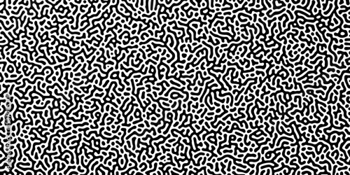 Abstract Turing organic wallpaper background. Turing reaction diffusion monochrome seamless pattern with chaotic motion. Organic lines in Memphis. Linear design with biological shapes.
