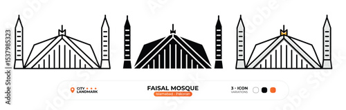 Faisal Mosque, Line Icon. Islamabad,  Pakistan, Landmark, Silhouette, Color Vector, Editable Stroke.