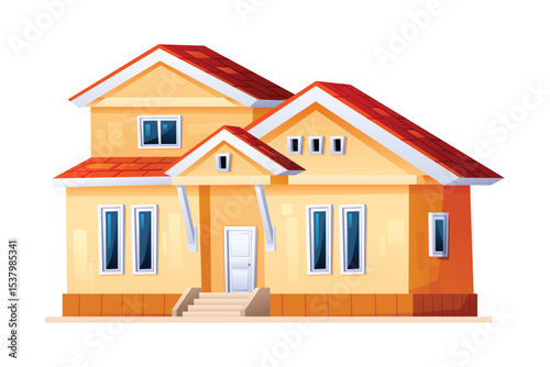 Cozy family house with a red roof and yellow walls, featuring a welcoming entrance. Vector cartoon illustration