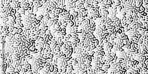 Abstract Turing organic wallpaper background. Turing reaction diffusion monochrome seamless pattern with chaotic motion. Organic lines in Memphis. Linear design with biological shapes.