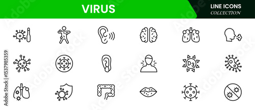 Clean vector web line icons depicting flu, viruses, medical protection, vaccines, and health precautions for disease prevention and awareness.