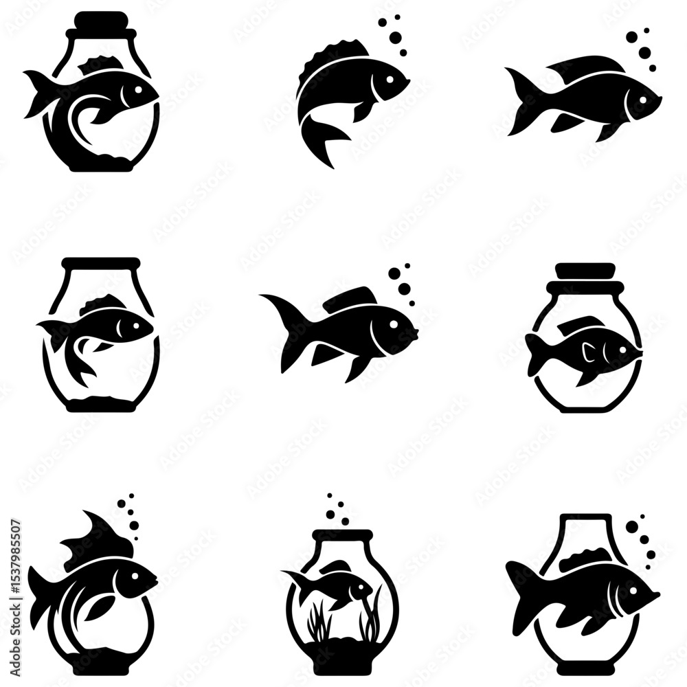 Obraz premium black silhouettes of fish set of hypnotic, repeating fish stylish art design